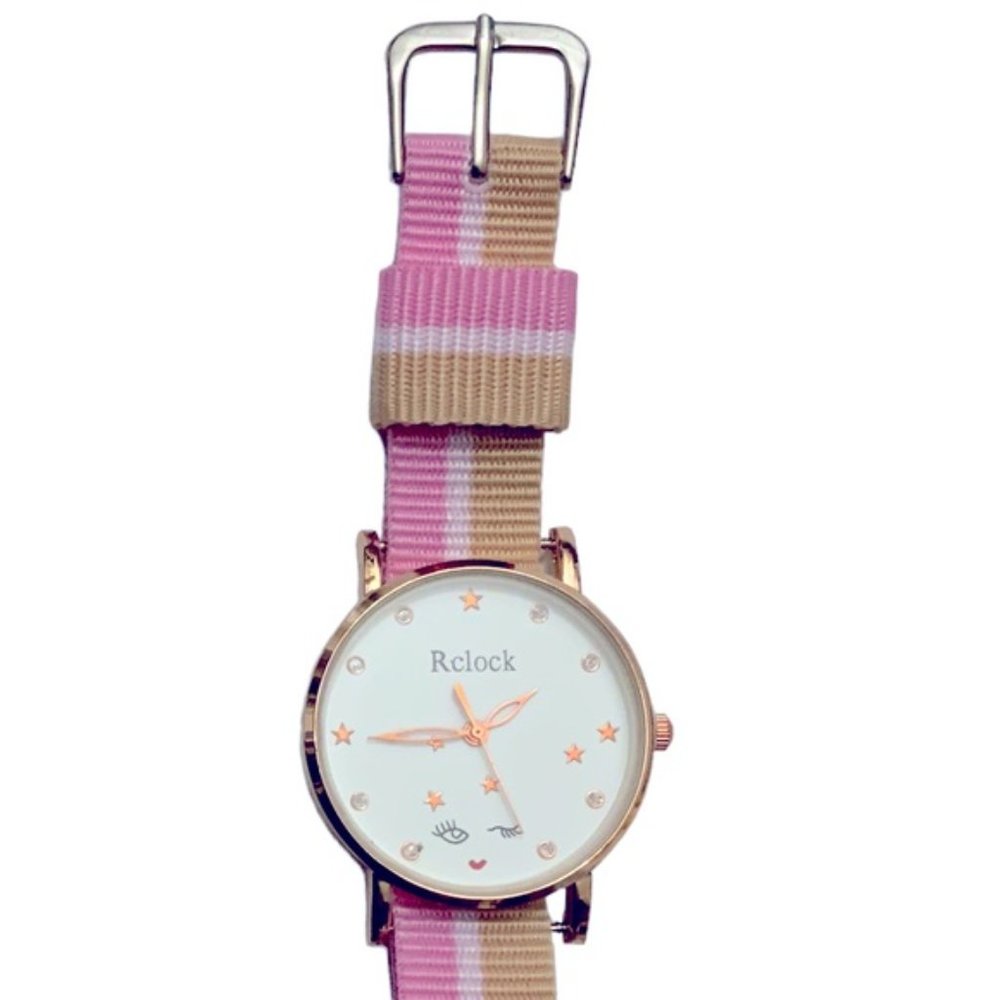 Watch Women’s Analog Round  Adjustable Preppy Stripe Canvas Band Pink Tan - Picture 7 of 12
